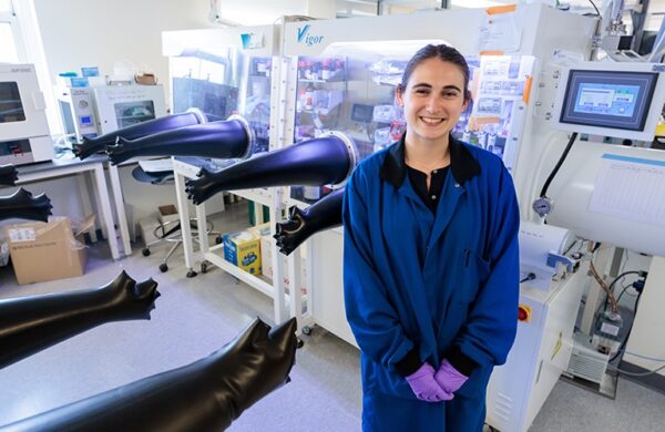 PhD student Emily Doyle, working in the laboratory of Asst. Prof. Chibueze Amanchukwu at the University of Chicago Pritzker School of Molecular Engineering, is working on the underlying chemistry that will lead to a new, more powerful class of lithium metal batteries. (Photo by John Zich)